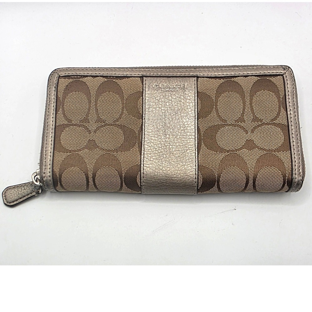 Coach Signature Accordion Zip Wallet Khaki Metallic Platinum Canvas Leather